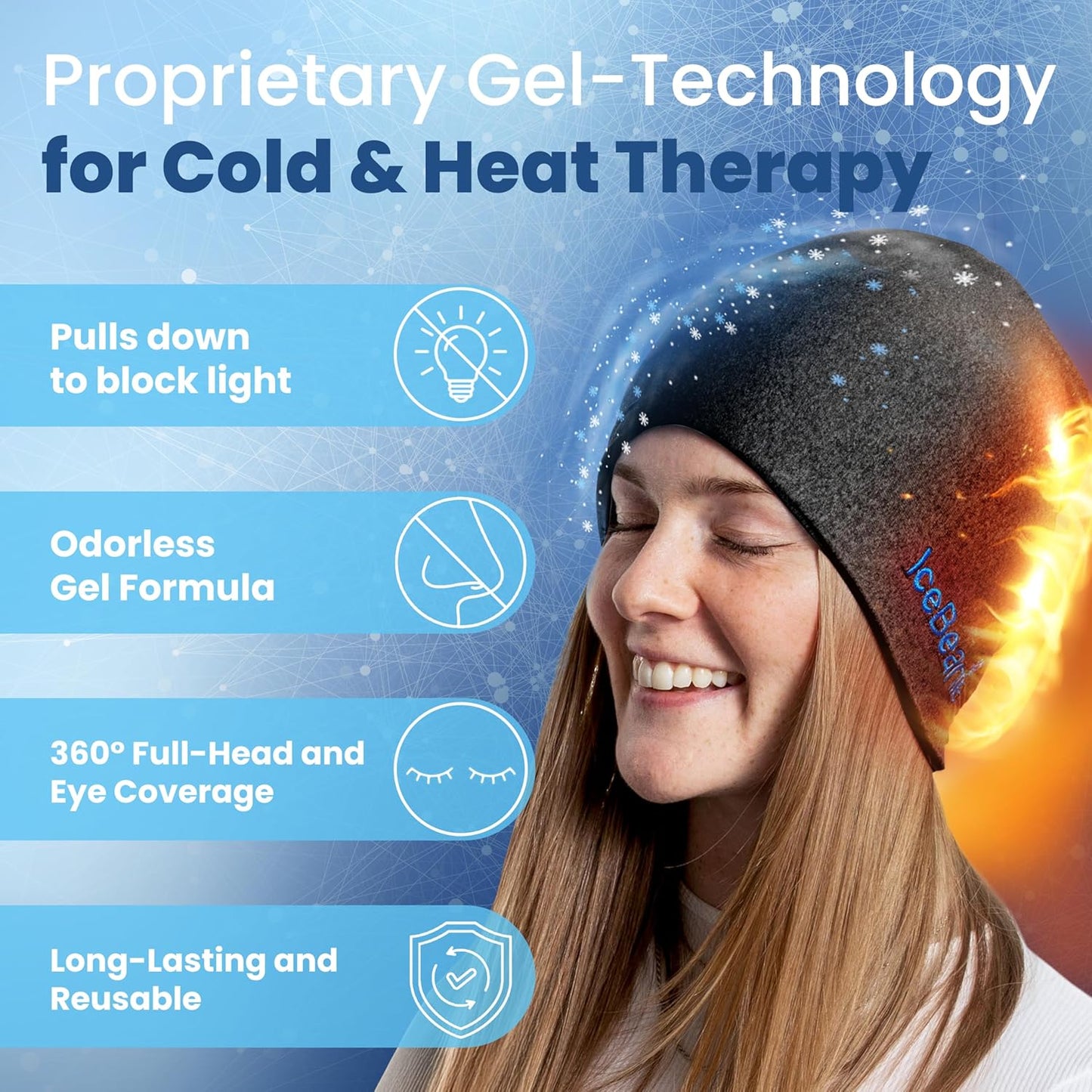 IceBeanie Migraine Relief Cap, As Seen on Shark Tank, Soft & Stretchy Gel Tension Headache Relief Cap, Extended Cooling Hangover Ice Hat, Odorless Head Wrap Ice Pack Wrap, Headache Migraine Mask