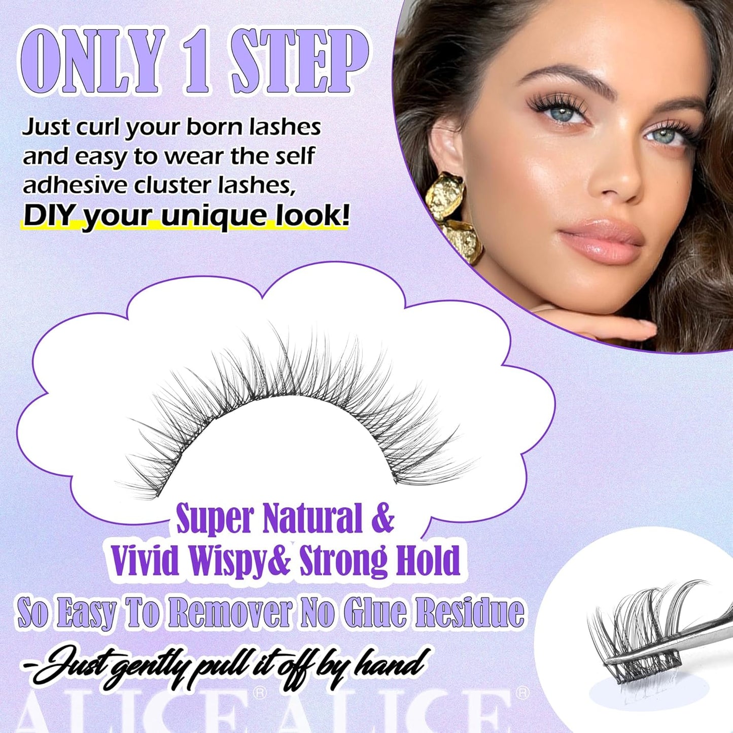 ALICE Self Adhesive Lashes Natural Look Clusters No Glue Needed Wispy Reusable Press on Lashes Pre-Glue 8-14mm 120pcs C Curl With Lash Tweezers
