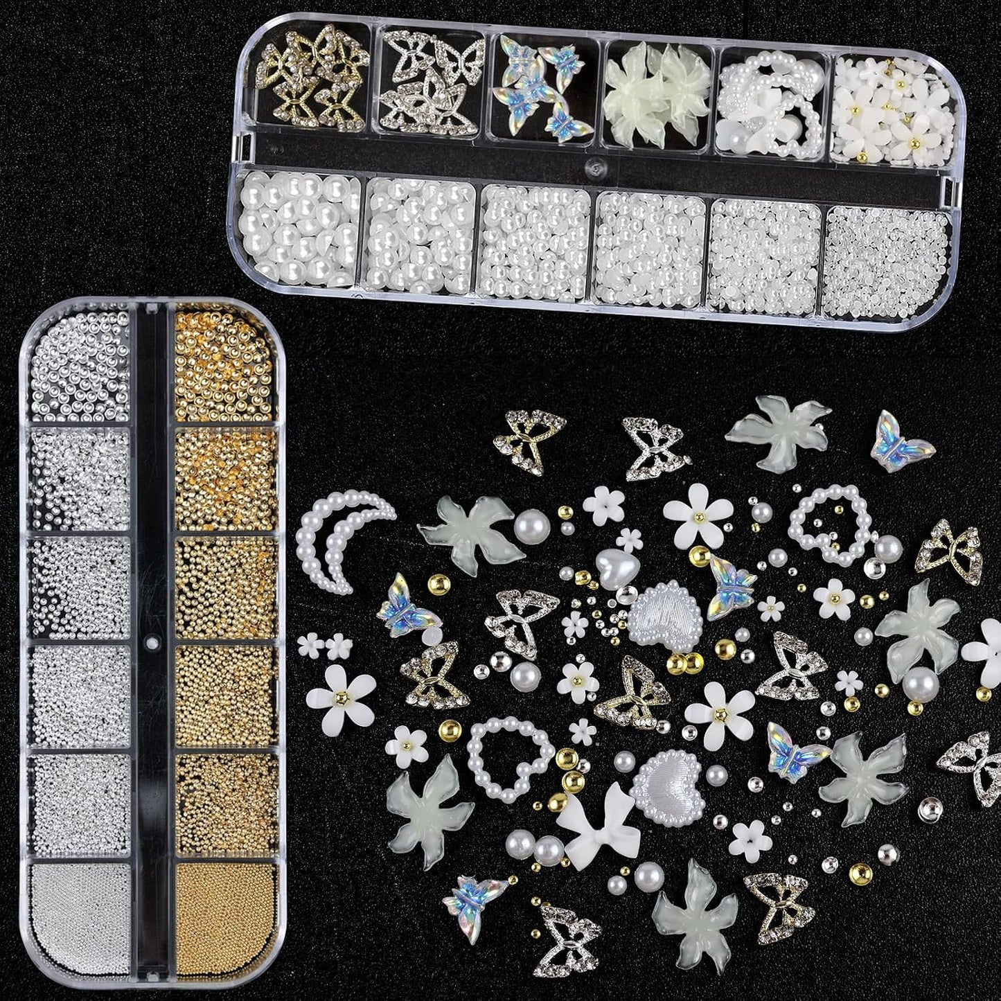 Nail Art Charms with Rhinestones Glue Gel White Flatback Pearls Flower Butterfly Nail Gems Supplies Accessories Gold Silver Nails Decoration Pearls for Women Nails Design