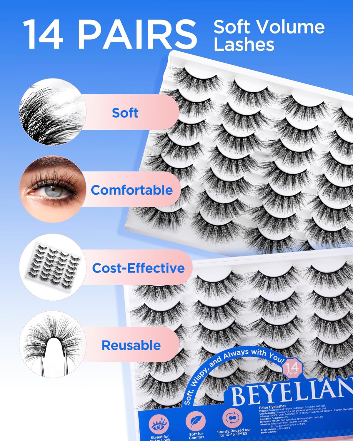 BEYELIAN 14 Pairs False Eyelashes Fluffy D Curl 10-18MM Long Wispy Lashes Pack, Soft and Lightweight 3D Volume Faux Mink Lashes, Reusable, Easy to Apply (14P-HSCS-12)