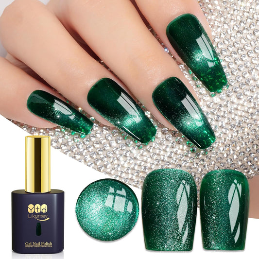 YTD Likomey Cat Eye Gel Nail Polish,15ml Green Holographic Translucent Neutral Jelly Sheer Shiny Magnetic Glitter Fall Winter UV Color Varnish with Magnet Stick,MY334