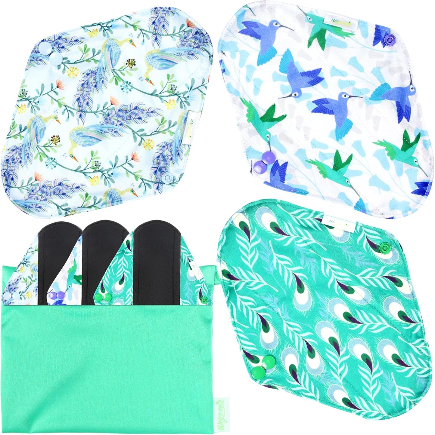 Wegreeco Reusable Menstrual Pads - Soft Cloth Sanitary Pads | Gentle Panty Liners - 6 Pack with 1 Cloth Mini Wet Bag (Small, Peacock)