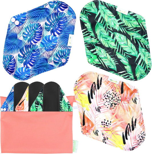 wegreeco Charcoal Reusable Menstrual Pads - Reusable Sanitary Pads | Reusable Panty Liners | Soft Cloth Menstrual Pads - 6 Pack with 1 Cloth Mini Wet Bag (Small, Leaves)