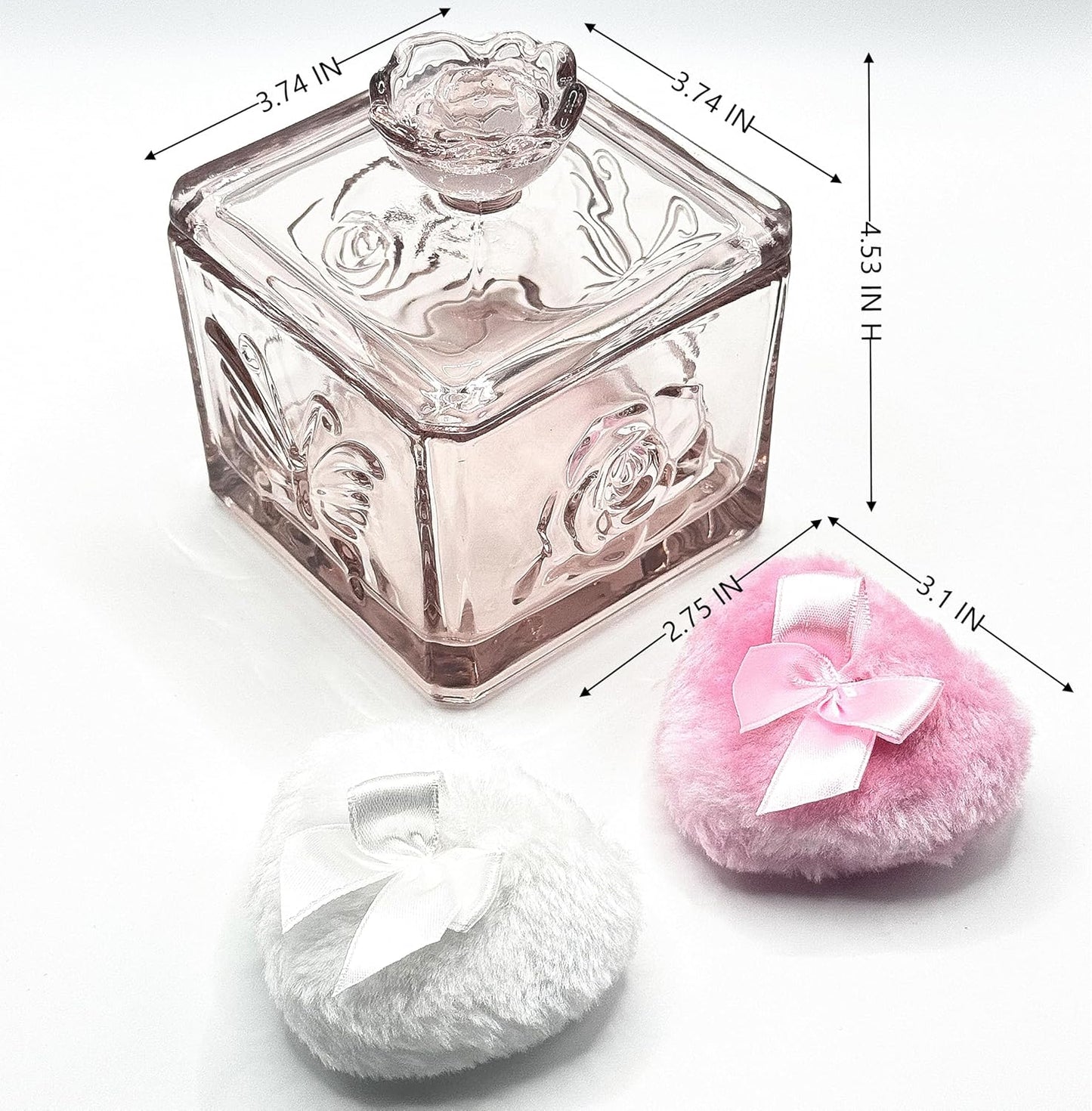 Body Powder Puff and Container - Glass Dusting Powder Container with 2 Soft Puffs – Vintage Powder Puff Case for Women & Girls (3.74x3.74x4.53 H IN)- GRB013-Pink