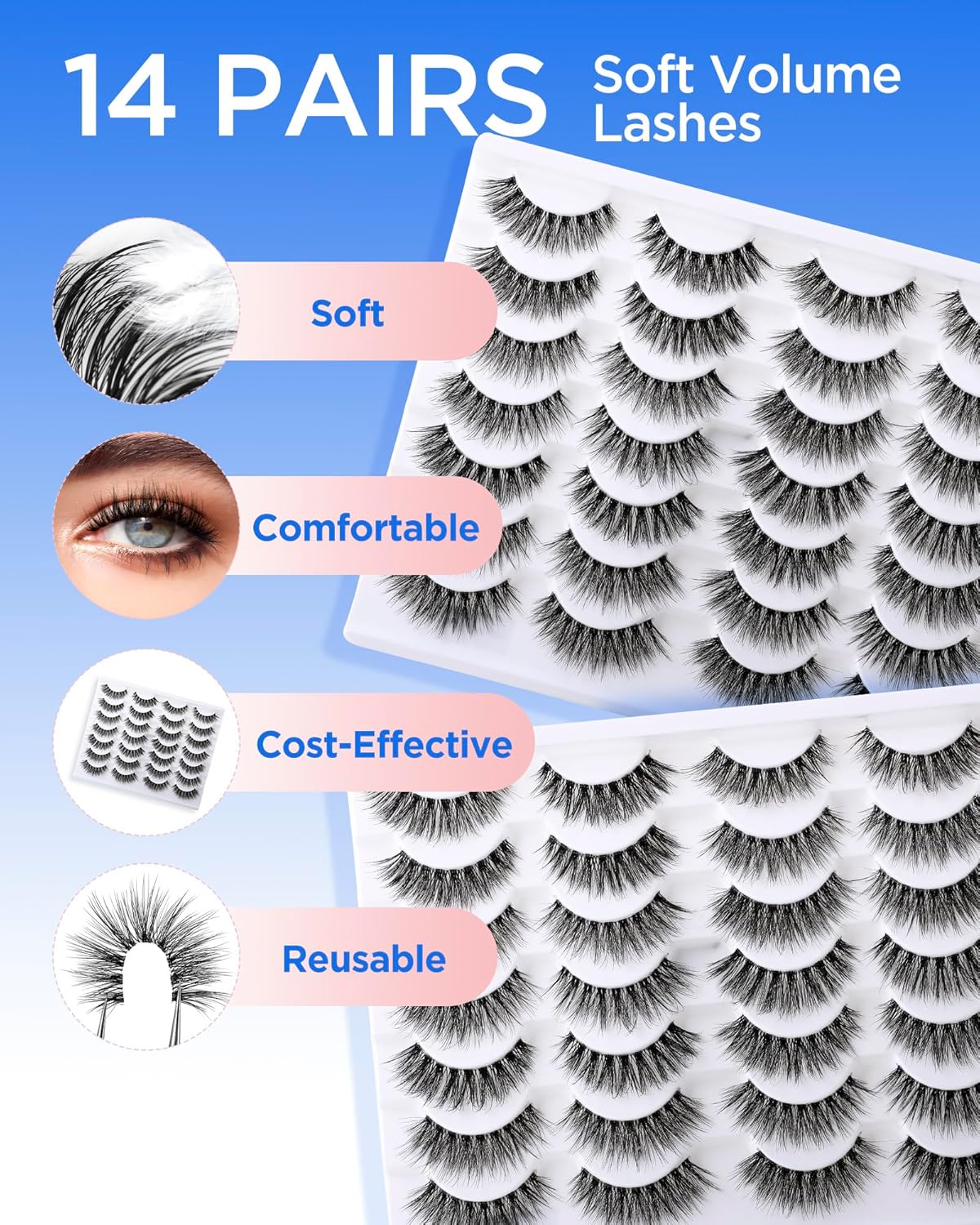 BEYELIAN 14 Pairs False Eyelashes D Curl Lashes Strip, 6-14MM 3D Volume Lash Pack Soft and Lightweight Faux Mink Lashes That Look Like Extensions, Reusable, Easy to Apply(14P-HSCS-52)