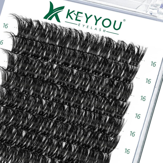 KEYYOU Lash Clusters, 96 Pcs DIY Lash Extensions, D Curl 16mm, Black, Realistic, Non-Irritating, Easy DIY at Home