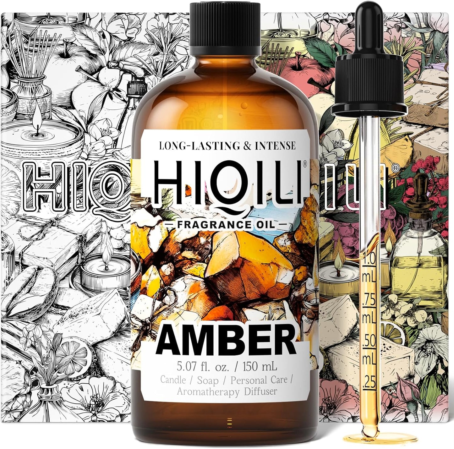 HIQILI Amber Fragrance Oil for Candle, Perfume, Soap Making, Hotel Scents for Essential Oil Diffuser & Aromatherapy - 5.07 Fl Oz