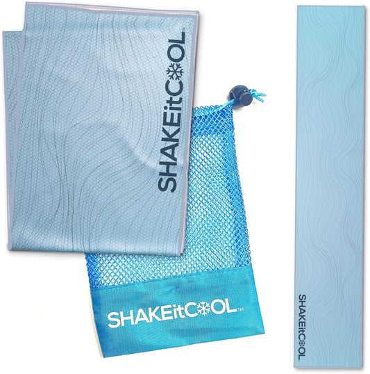 SHAKEitCOOL Original Cooling Towel – Be Cool in Style - Heat Relief, Soft, Lightweight, Sun Protection, Easy Clean - Perfect for Biking, Running, Yoga, Gym, Gardening - Blue Wave
