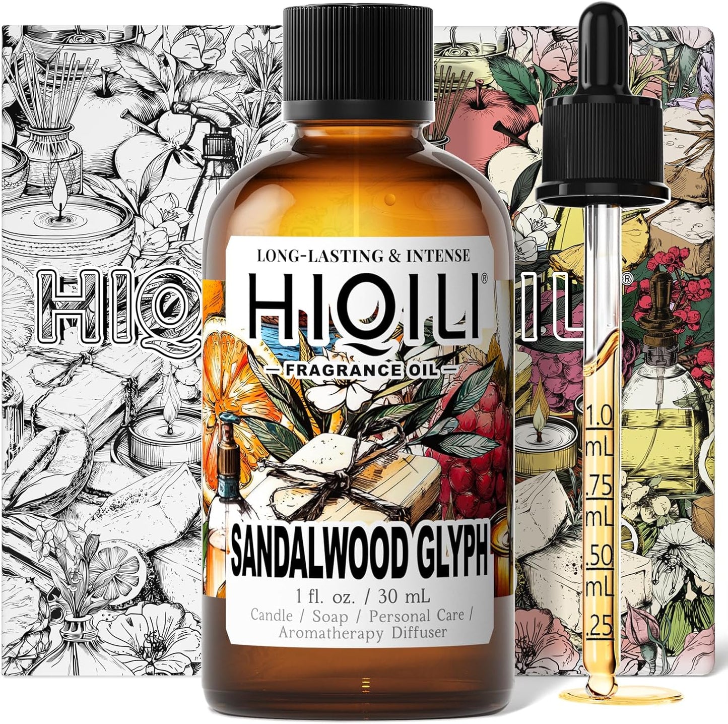 HIQILI Sandalwood Glyph Fragrance Oil for Candle & Soap Making, DIY Perfume, Essential Oil Diffuser for Home, Santal Dan Sha - 1 Fl Oz