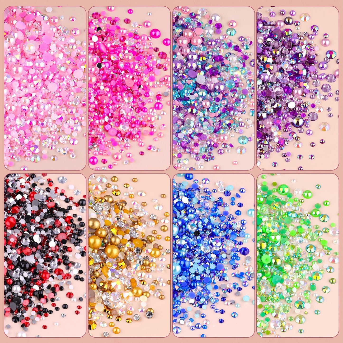 9000PCS Flatback Pearls and Rhinestones for Crafting, Pink Purple Mixed Size 3-10mm Resin Rhinestones and Half Pearls for Bedazzling, Nail Art and Decoration with Tweezer and Pickup Pencil