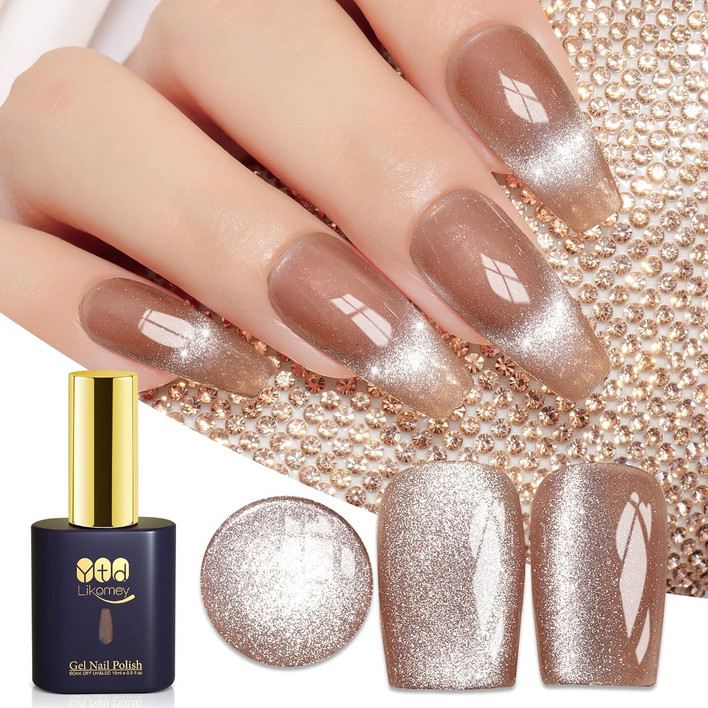 YTD Likomey Cat Eye Gel Nail Polish,15ml Champagne Gold Holographic Translucent Neutral Jelly Sheer Shiny Magnetic Glitter UV Varnish with Magnet Stick,MY331