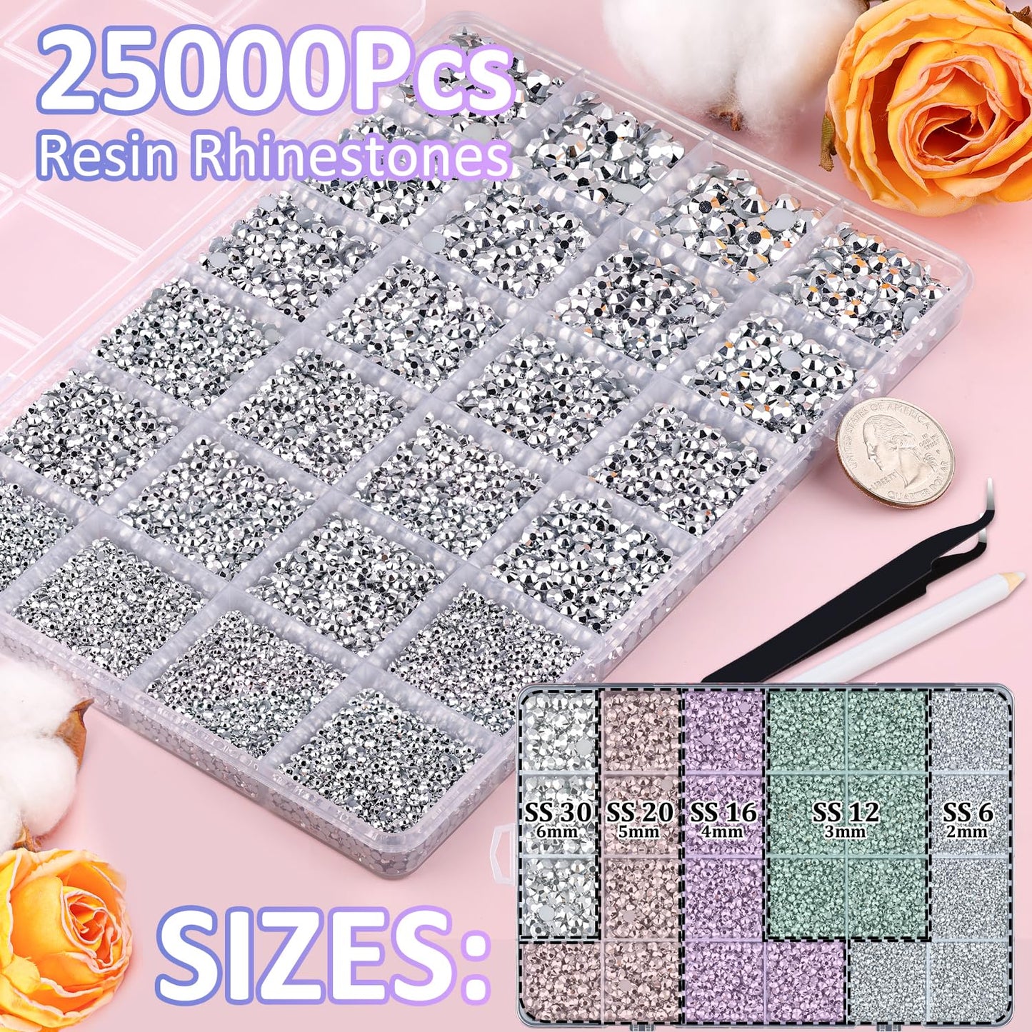 25000Pcs Resin Rhinestones with Tweezers for Crafting, Silver 2-6mm Mixed Sizes Bedazzling Crystal with 3Pcs 10ml B7000 Jewelry Glue for DIY Crafts Clothing Tumblers Shoes Fabric Nail Art