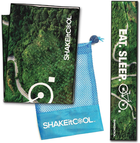 SHAKEitCOOL Original Cooling Towel – Be Cool in Style - Heat Relief, Soft, Lightweight, Sun Protection, Easy Clean - Perfect for Biking, Running, Yoga, Gym, Gardening - Eat.Sleep.Bike