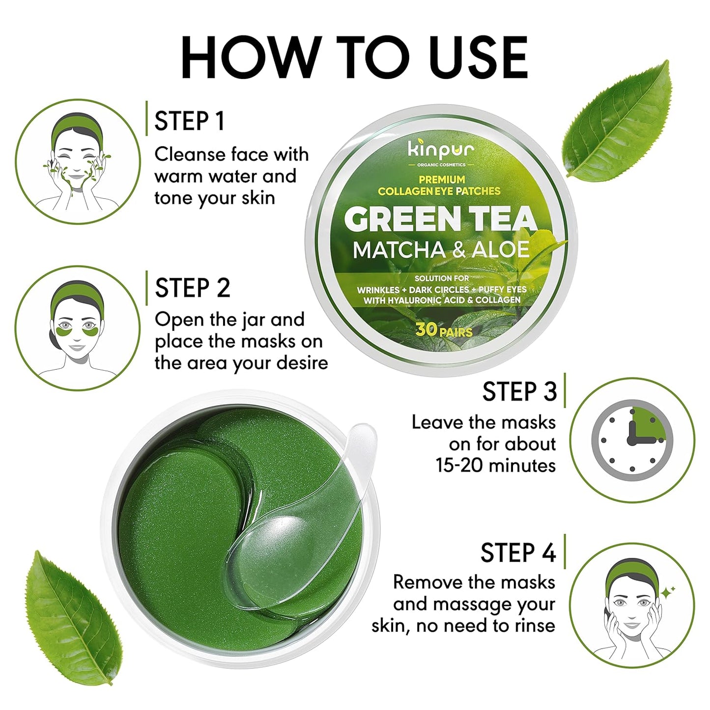Green Tea Under Eye Patches for Wrinkles and Eye Bags - Eye Masks for Dark Circles and Puffiness with Collagen, Hyaluronic Acid - Under Eye Mask for All Skin Types, 30 Pairs